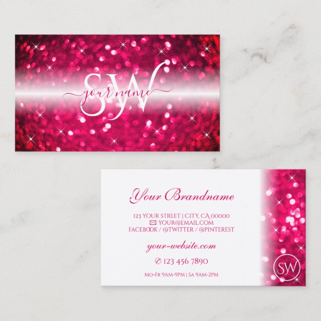 Stylish White Pink Sparkling Glitter Monogram Chic Business Card (Front/Back)