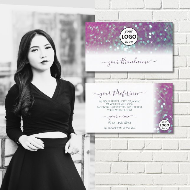 Stylish White Pink Teal Sparkling Glitter Add Logo Business Card (Creator Uploaded)