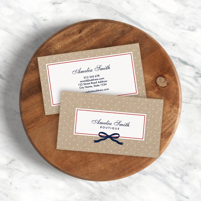 Stylish White Polka Dot and Blue Ribbon Kraft Business Card (Creator Uploaded)