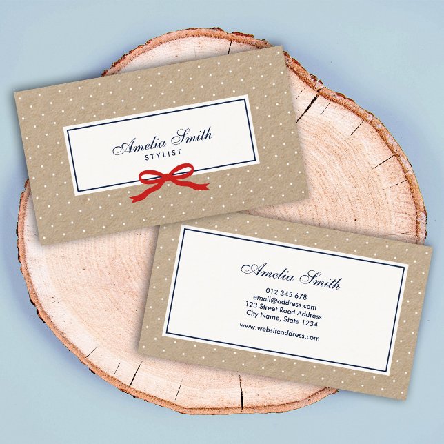 Stylish White Polka Dot and Red Ribbon Kraft Business Card (Creator Uploaded)