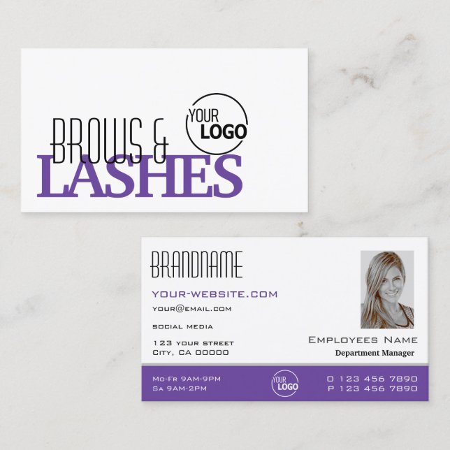 Stylish White Purple Simple with Logo and Photo Business Card (Front/Back)