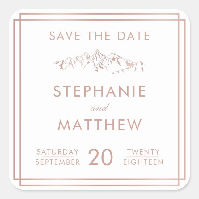 Stylish White & Rose Gold Mountain Save The Date Square Sticker (Front)