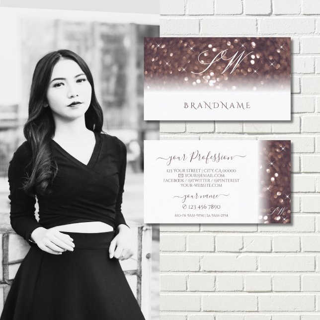 Stylish White Rose Gold Sparkling Glitter Initials Business Card (Creator Uploaded)