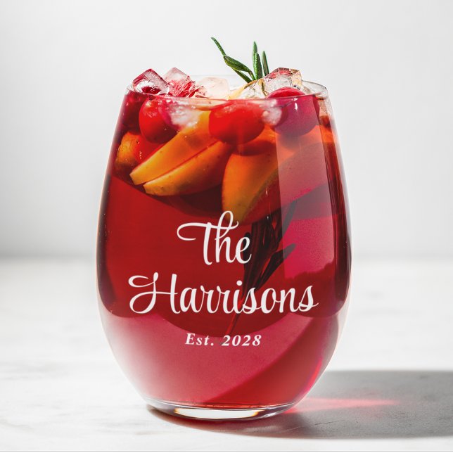 Stylish White Script Family Monogram Stemless Wine Glass (Creator Uploaded)