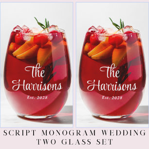 Stylish White Script Monogram Wedding Stemless Wine Glass