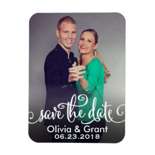 Stylish White Script Wedding Photo Save the Date Magnet