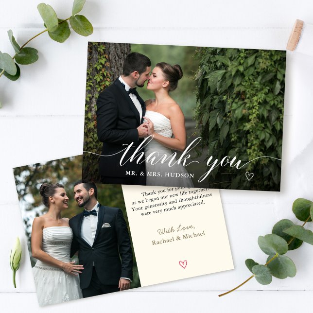 Stylish White Script Wedding Photo Thank You Card (Creator Uploaded)