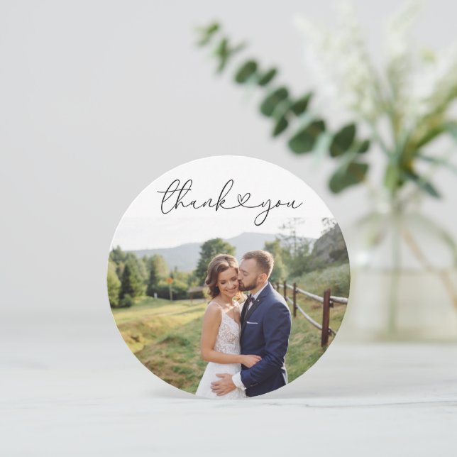 Stylish White Script Wedding Photo Thank You Card (Standing Front)