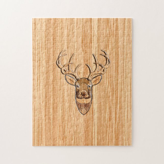 Stylish White Tail Buck Antlers Light Wood Grain Jigsaw Puzzle (Vertical)