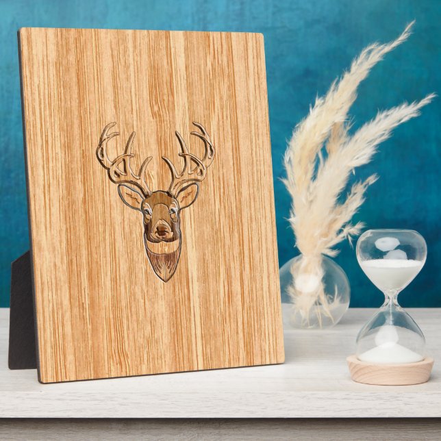 Stylish White Tail Buck Antlers Light Wood Grain Plaque (Side)