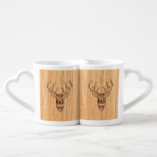 Stylish White Tail Deer Buck Head Light Wood Grain Coffee Mug Set
