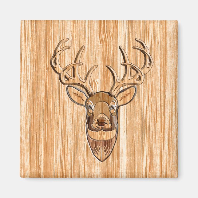 Stylish White Tail Deer Head Light Wood Grain Deco Magnet (Front)
