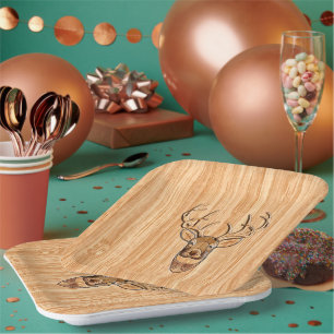 Stylish White Tail Deer Head Light Wood Grain Deco Paper Plate