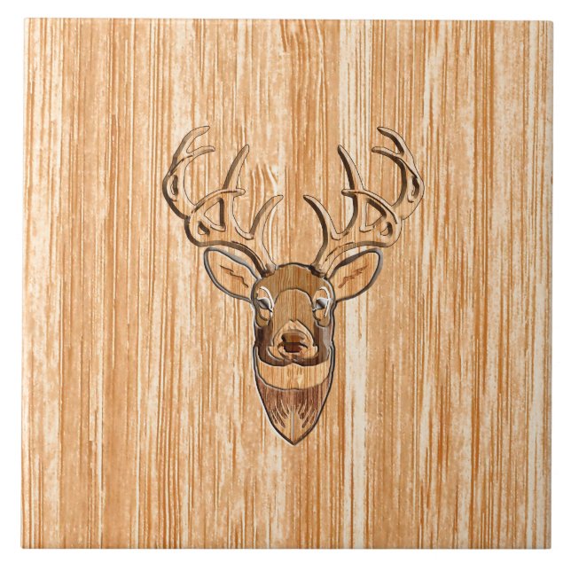 Stylish White Tail Deer Head Light Wood Grain Deco Tile (Front)
