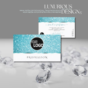 Stylish White Teal Glitter Luminous Stars add Logo Business Card