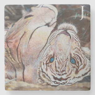 Stylish White Tiger Monogram Stone Coaster