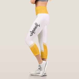 Stylish white yellow floral white stripes and name capri leggings