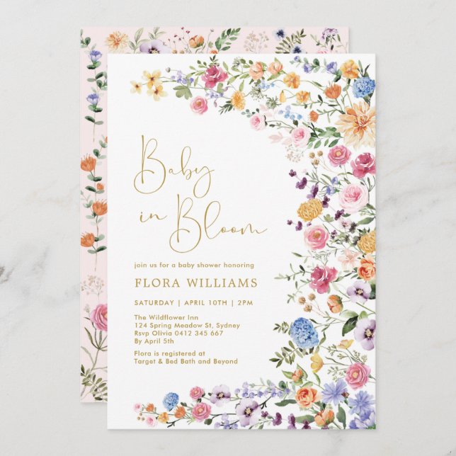 Stylish Wildflower Baby in Bloom Girl Shower Invitation (Front/Back)