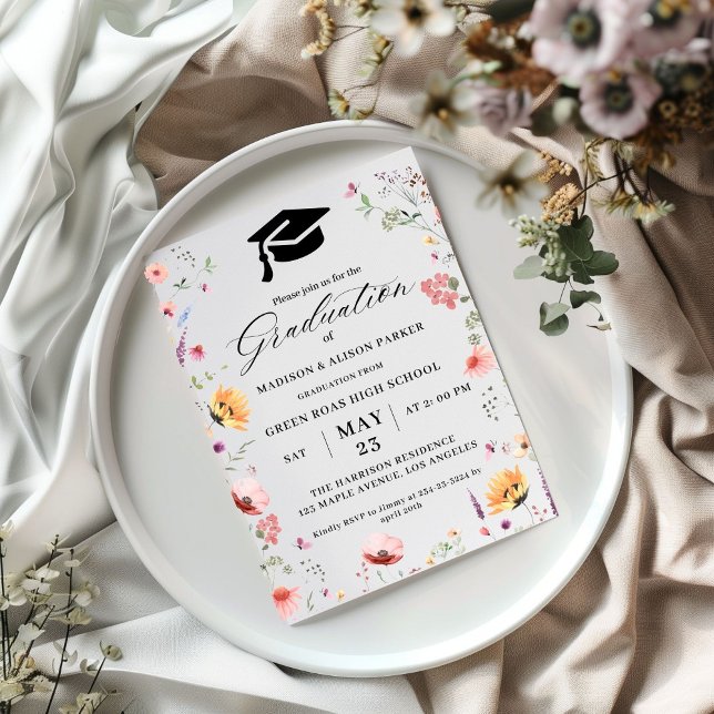 Stylish Wildflower Meadow Garden Twin Graduation  Invitation (Creator Uploaded)