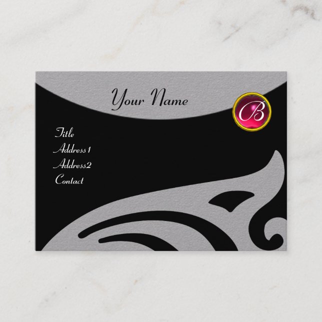 STYLISH WINGS MONOGRAM ,RED RUBY,fuchsia Grey Business Card (Front)