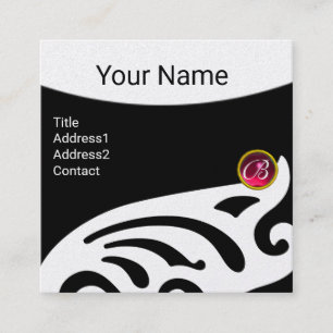 STYLISH WINGS RUBY GEM MONOGRAM Black White Pearl Square Business Card