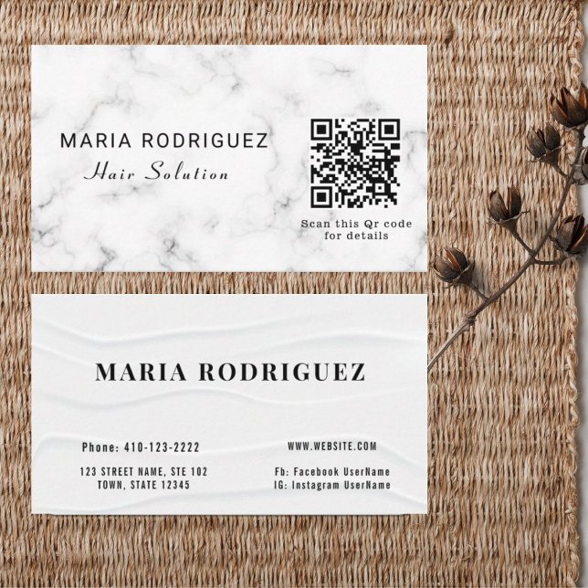 Stylish with QR Code White Marble Integration Business Card (Creator Uploaded)