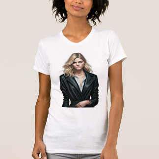 Stylish Woman in Black Leather Coat – Fashion Digi T-Shirt