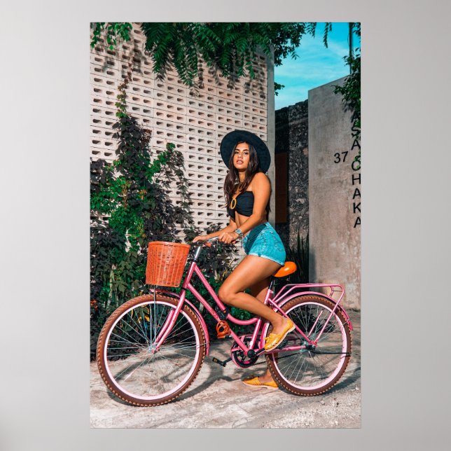 Stylish Woman on Pink Bicycle, Urban Adventure Art Poster (Front)