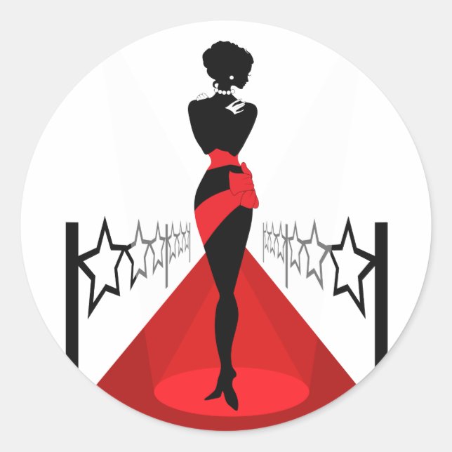 Stylish woman silhouette on red carpet with stars classic round sticker (Front)