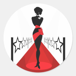 Stylish woman silhouette on red carpet with stars classic round sticker