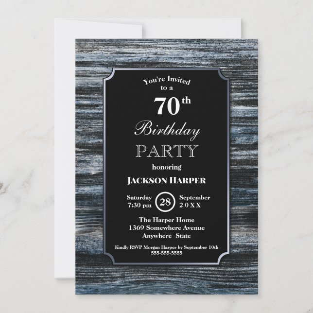 Stylish Wood Border Black 70th Birthday Party Invitation (Front)