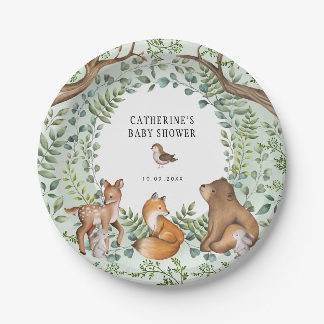 Stylish Woodland Forest Animals Baby Shower Favour Paper Plate (Front)
