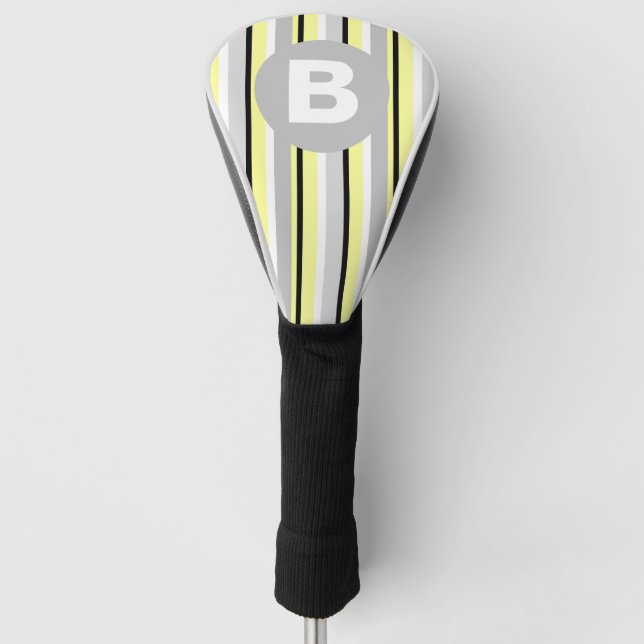 Stylish Yellow and Grey Striped Monogram Golf Head Cover (Front)