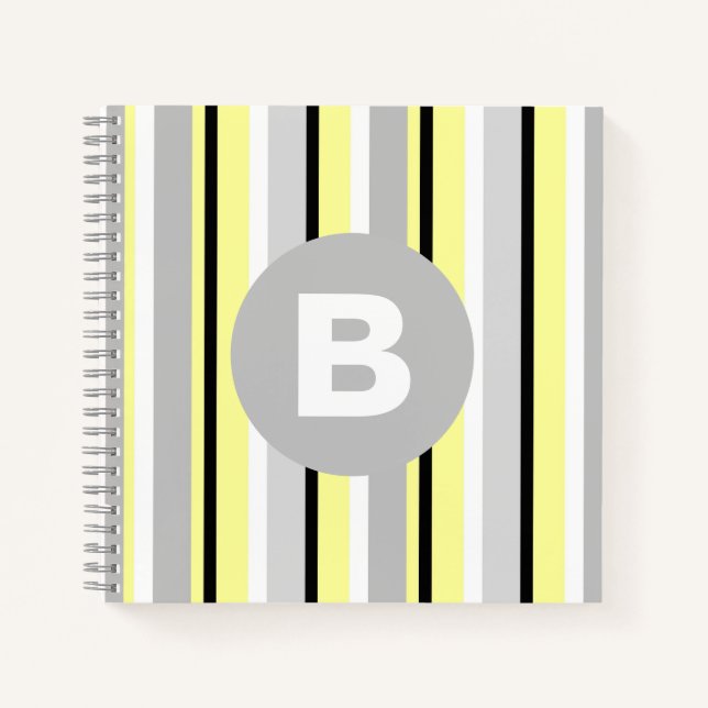 Stylish Yellow and Grey Striped Monogram Notebook (Front)
