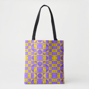 Stylish yellow and purple Chequerboard and floral Tote Bag