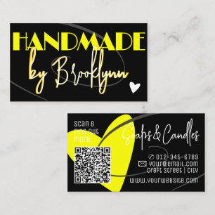 Stylish Yellow Black Handmade Heart with QR-Code  Business Card