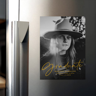 Stylish Yellow Gold Script Photo Graduation Magnetic Invitation