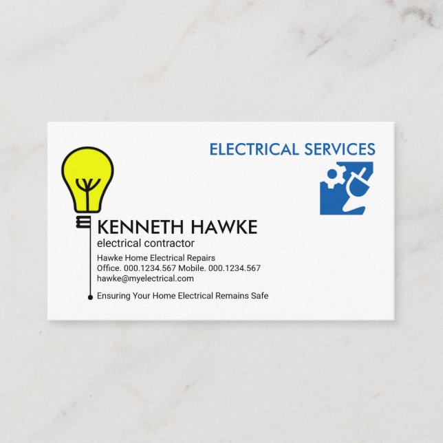 Stylish Yellow Light Bulb Switch Electrician Business Card (Front)