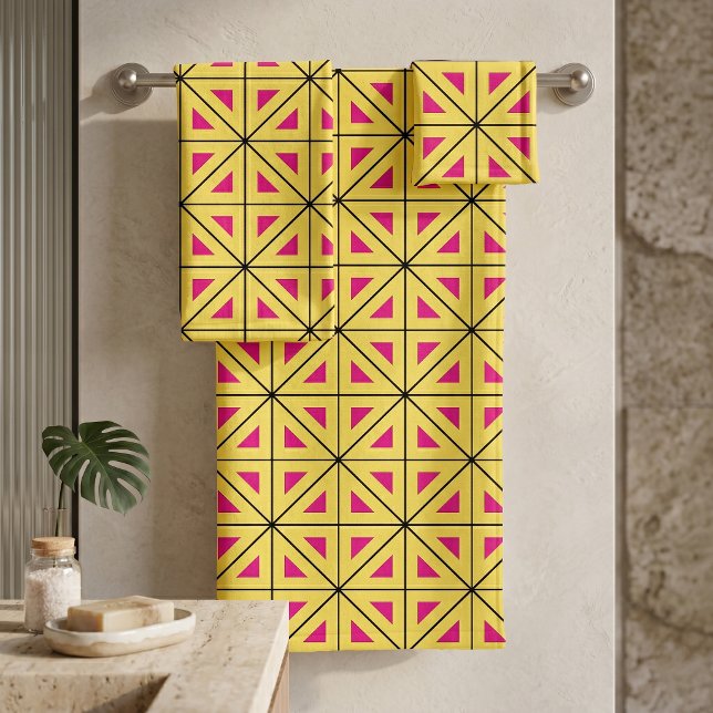 Stylish Yellow & Pink Geometric Pattern Bath Towel Set (Creator Uploaded)