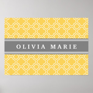 Stylish Yellow Quatrefoil Pattern with Name Poster