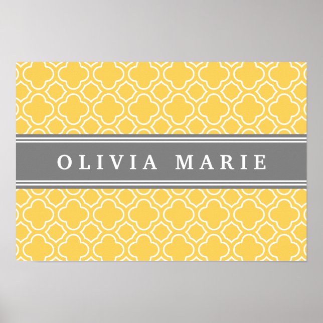 Stylish Yellow Quatrefoil Pattern with Name Poster (Front)