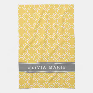 Stylish Yellow Quatrefoil Pattern with Name Tea Towel