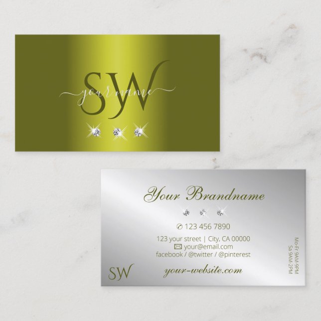 Stylish Yellow Silver Sparkling Diamonds Initials Business Card (Front/Back)