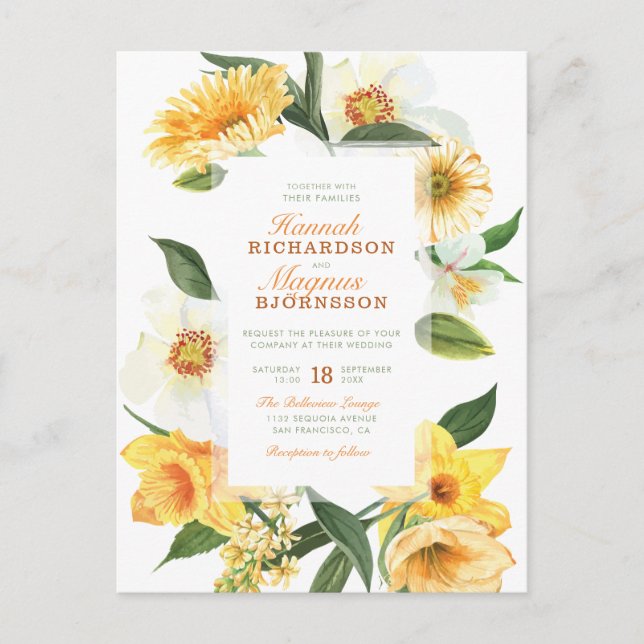 Stylish Yellow Watercolor Daisies Floral Wedding Invitation Postcard (Front)