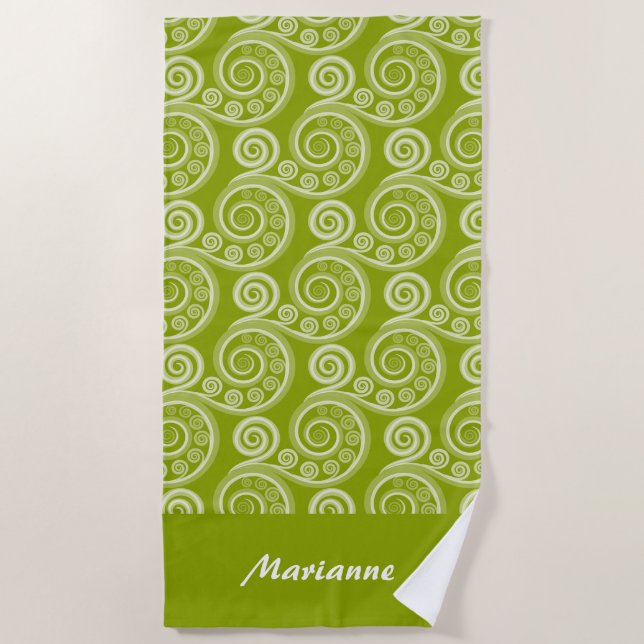 Stylish Your Name Green Nature-Inspired Fern Curl Beach Towel (Front)