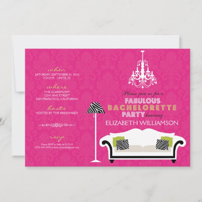 Stylish Zebra Decor Bachelorette Invite (fuchsia) (Front)