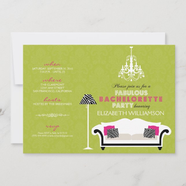 Stylish Zebra Decor Bachelorette Invite (lime) (Front)