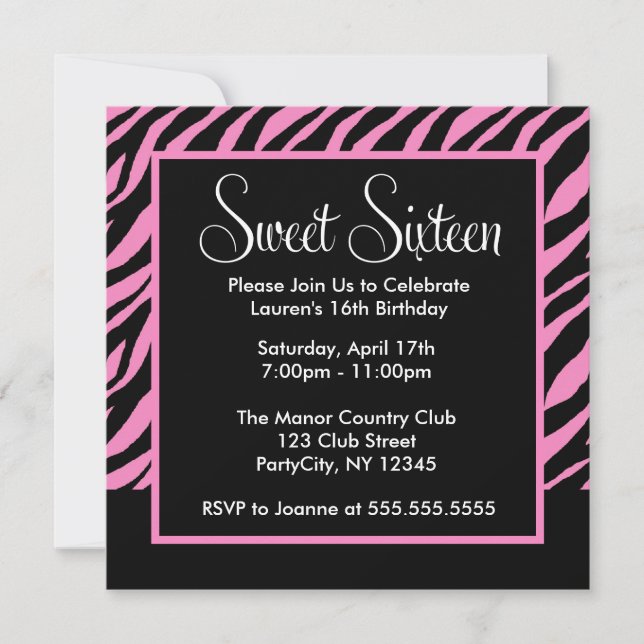 Stylish Zebra Pattern Sweet Sixteen Party Invitation (Front)