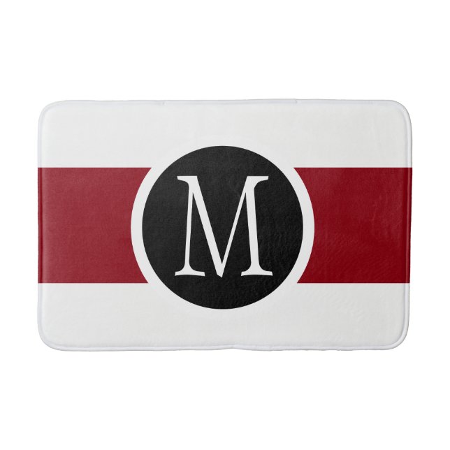 Stylishly Elegant Black, White & Red Line Monogram Bath Mat (Front)