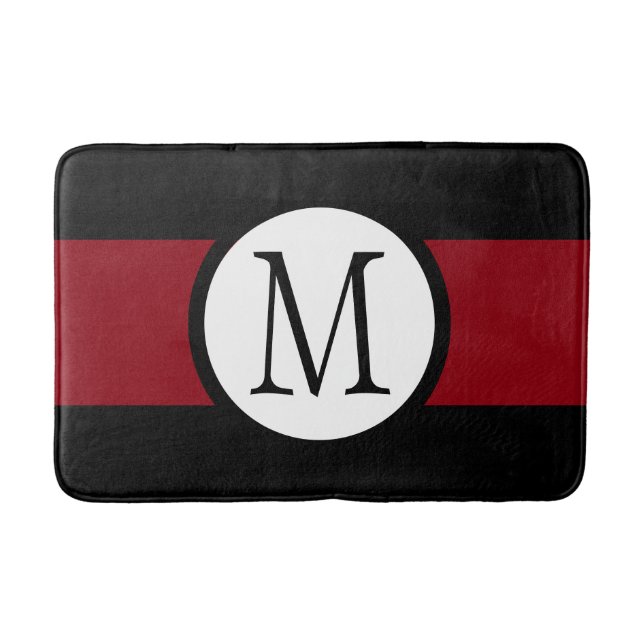 Stylishly Elegant Black, White & Red Line Monogram Bath Mat (Front)